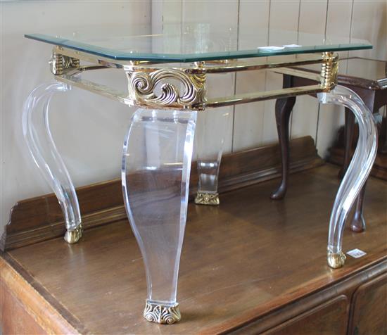 Gilt metal and perspex coffee table, glass top